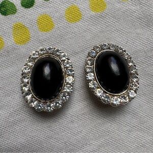 Vintage black onyx & rhinestone, silver Clip-On Earrings, 80s